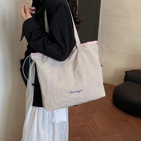 Large Capacity Nylon Drawstring Tote Shoulder Bag Casual Fashion Contrast Color Daily Handbag For Women