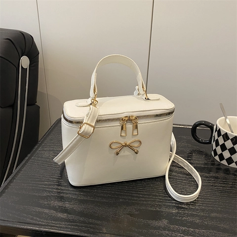 Trendy PU Leather Box Bag Golden Metal Bow Decor Double Zipper Top Handle Crossbody Shoulder Bag For Women Fashionable