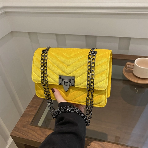Borsa a Spalla Quadrata in Velluto Vintage Trapuntata a Chevron Donna Elegante Tracolla a Catena Borsa a Tracolla Serratura in Metallo Borsa Quotidiana