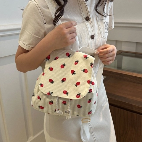 Mini Sac À Dos Velours Côtelé Imprimé Fraise Cordon Rabat Décontracté Doux Pour Femmes Filles