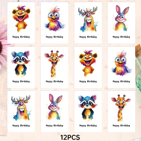 Cartoon Watercolor Animal Birthday Greeting Cards With Envelopes For Kids Party Invitations Cute Gift Cards