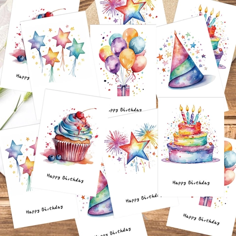 Handgemalte Aquarell Geburtstagskarten Mit Kraftpapier Umschlägen Inklusive Torte Ballon Illustrationen Für Kinder Feier