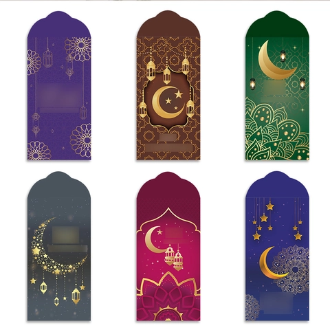 Islamic Eid Ramadan Paper Envelopes Gold Foil Moon Star Mosque Pattern Lucky Money Packets For Festive Gift Giving Cards