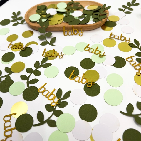 Coriandoli Baby Shower Verde Salvia Glitter Oro Scritte Baby Foglia Eucalipto Cerchio Decorazione Tavola per Compleanno