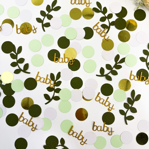 Coriandoli Baby Shower Verde Salvia Glitter Oro Scritte Baby Foglia Eucalipto Cerchio Decorazione Tavola per Compleanno