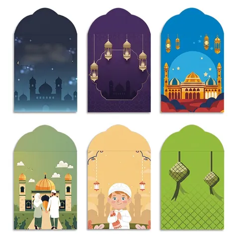 Eid Mubarak Red Envelopes Islamic Festival Paper Money Gift Envelopes Mosque Lantern Patterns Ramadan Party Decorations Set