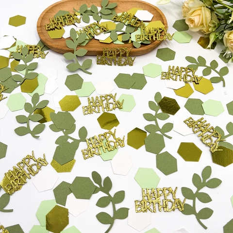 Set di Confetti Happy Birthday Oro Glitterato Foglia Verde Esagono Decorazione in Carta per Festa di Compleanno Celebrazione