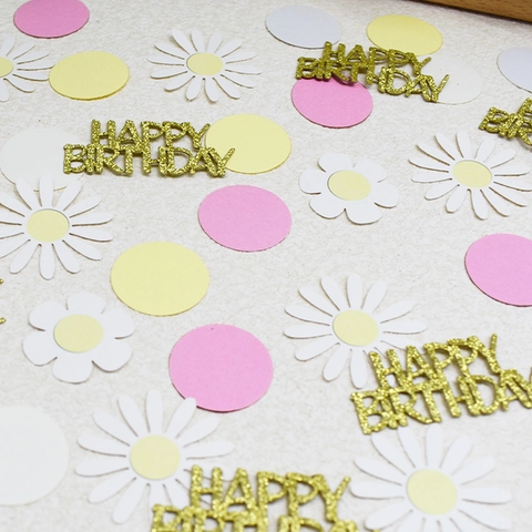 Confettis Joyeux Anniversaire Marguerite Fleur Papier Rond Paillettes Carton Décoration Table Fournitures Fête