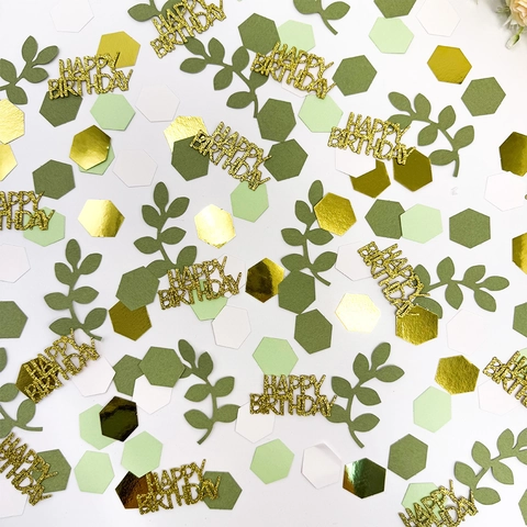 Set di Confetti Happy Birthday Oro Glitterato Foglia Verde Esagono Decorazione in Carta per Festa di Compleanno Celebrazione