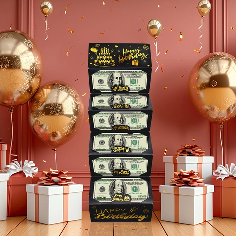 Caja de Dinero Extraíble de Feliz Cumpleaños Negro y Dorado Con 6 Ranuras Para Regalo Creativo Pastel Globos Decoración de Fiesta