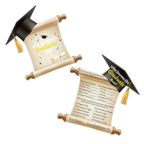 Graduation Party Game Card Scroll Design Who Knows The Graduate Best Question Card With Mini Doctorate Cap And Tassel Paper Invitation Card