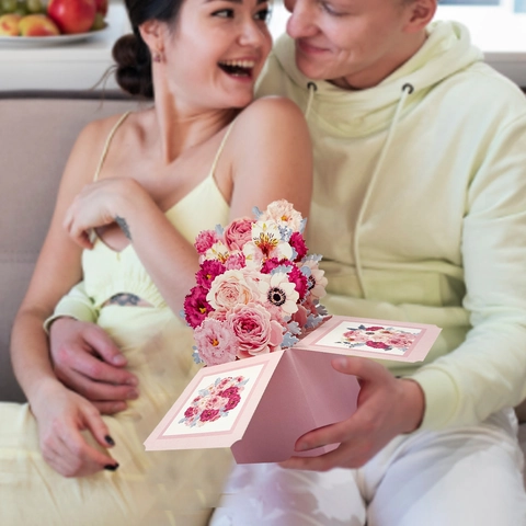 3D Pop Up Flower Greeting Card Pink Bouquet Paper Cards For Mother's Day Teacher's Day Wedding Birthday With Envelope