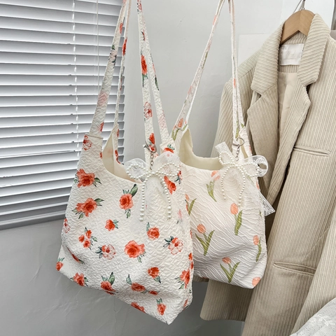Women Large Capacity Tote Bag Sweet Floral Jacquard Shoulder Bag Rose Tulip Print With Lace Artificial Pearl Bow Decor Casual Handbag