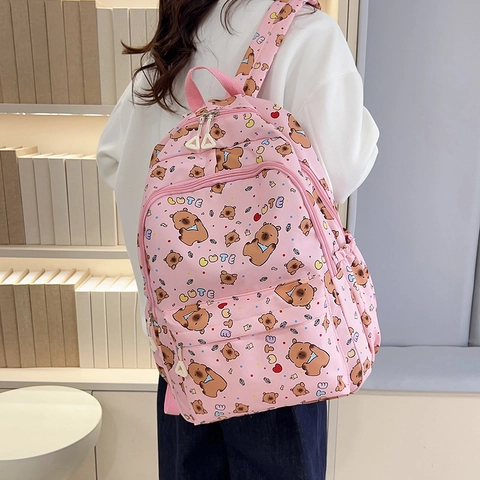 Simpatico Zaino con Stampa Orso Cartone Animato Per Ragazze Scuola Grande Capacità Nylon Impermeabile Moda Viaggio Rosa Nero