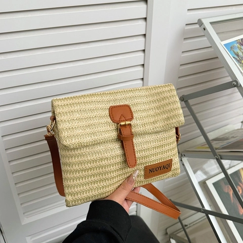 Women Woven Straw Crossbody Bag Retro Shoulder Bag Small Square Beach Vacation Purse With Adjustable Leather Trim Strap