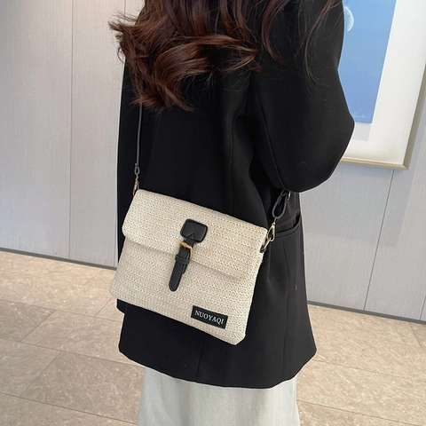 Women Woven Straw Crossbody Bag Retro Shoulder Bag Small Square Beach Vacation Purse With Adjustable Leather Trim Strap