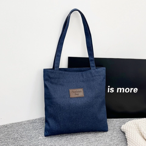 Women Large Capacity Denim Tote Bag Vintage Casual Dark Blue Canvas Shoulder Bag With Leather Patch For Daily Shopping Travel