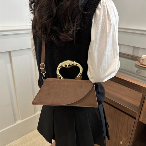 Borsa a Tracolla Piccola da Donna con Patta Asimmetrica Pelle PU Manico in Metallo Dorato Borsa a Mano Casual