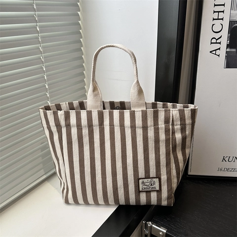 Borsa Shopping in Velluto a Coste a Righe Donna Casual Stile Urbano Minimalista Borsa a Spalla Con Toppa Tema Campeggio all'Aperto