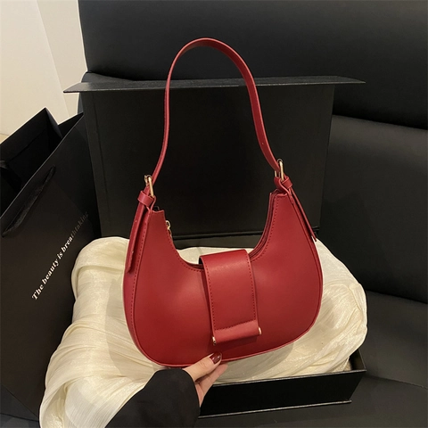 Vintage PU Leather Crescent Underarm Bag For Women Fashion Hobo Shoulder Bag With Adjustable Strap Solid Color Handbag