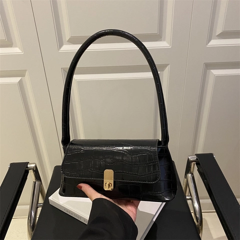 Damen Krokodilmuster PU Unterarmtasche Vintage Baguette Tasche Gold Metallschloss Quadratische Umhängetasche Für Damen Alltag