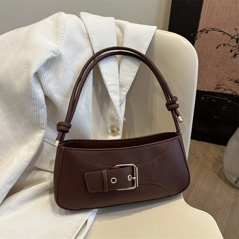 PU Leather Underarm Baguette Bag For Women With Gold Metal Buckle And Knot Shoulder Strap Retro Fashion Minimalist Chic
