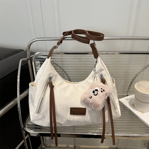 Koreaanse Stijl Minimalistische Nylon Schoudertas Voor Dames Grote Capaciteit Tote Bag Met Bruine Banden En Hanger
