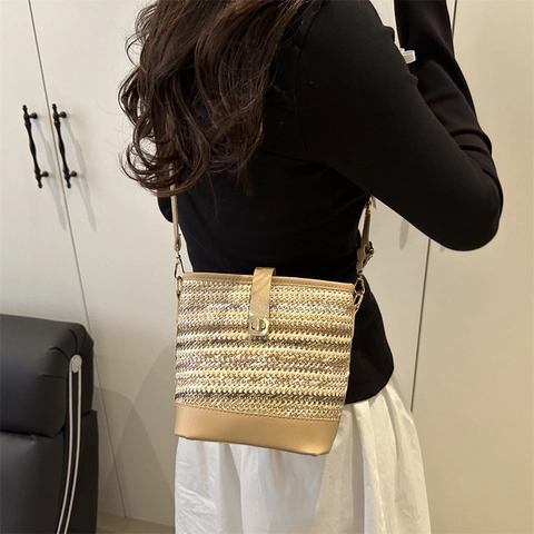 Bolso Saco de Paja Tejida para Mujer Patchwork de Cuero PU Color de Contraste Bolso de Hombro Pequeño para Verano Playa Vacaciones