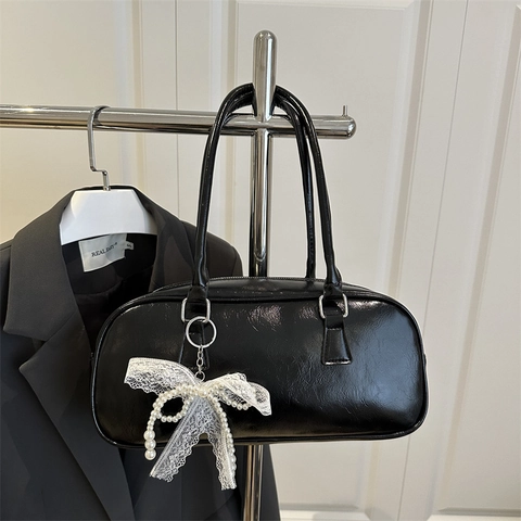 Women PU Leather Boston Shoulder Bag Large Capacity Armpit Handbag With Artificial Pearl Lace Bow Pendant Retro Sweet Commuter Bag