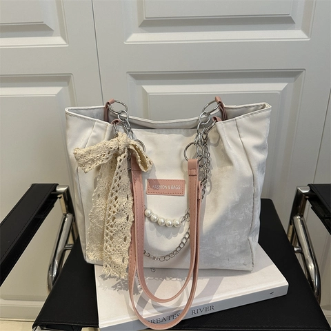 Borsa Tote in Tela Dolce Con Fiocco in Pizzo Decorazione con Perle Artificiali Grande Capacità Borsa a Spalla di Moda Per Donna