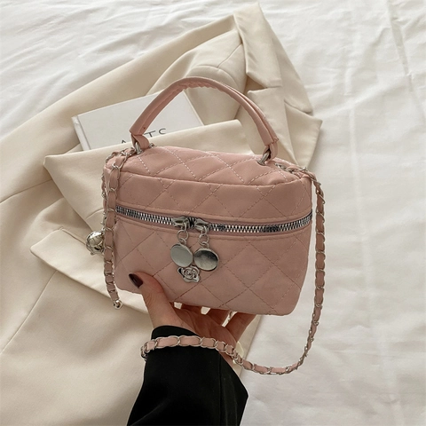 Women Quilted PU Leather Mini Vanity Handbag Trendy Lattice Shoulder Crossbody Bag With Chain Strap And Flower Pendant