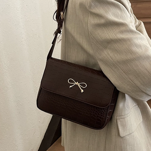 Borsa a Spalla da Donna in Pelle PU con Stampa Coccodrillo Piccola Borsa a Tracolla Quadrata con Chiusura a Fiocco in Metallo