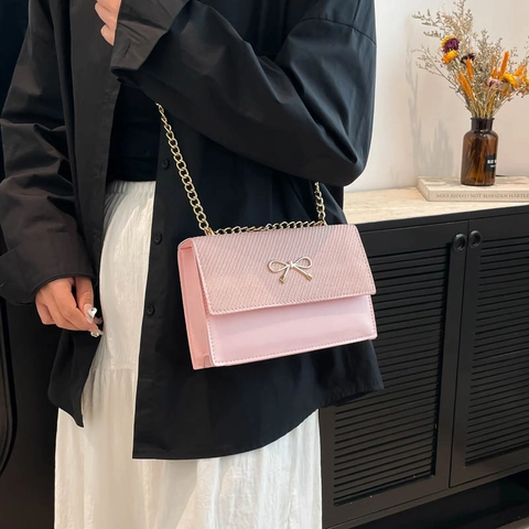 Women Fashion PU Leather Shoulder Bag With Gold Bow Metal Buckle Chain Strap Splicing Texture Small Square Underarm Bag Daily Dating Crossbody Bag