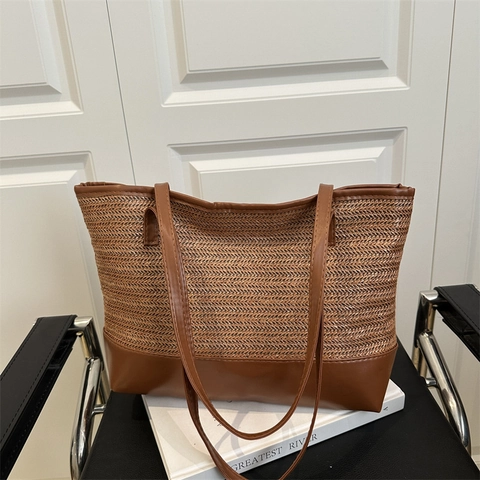 Vintage Straw Woven Tote Bag For Women Large Capacity Beach Vacation Shoulder Bag Contrast Color PU Leather Patchwork Shopping Bag