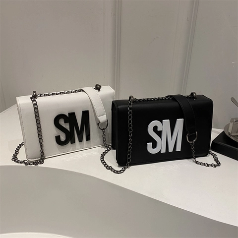 Trendy Chain Crossbody Bag For Women Letter Decor PU Leather Shoulder Purse Stylish Small Square Bag Daily Fashion Handbag
