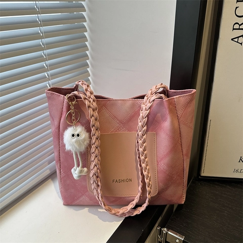 Borsa Tote da Donna in PU con Rombi Manico Intrecciato Tasca Frontale Portachiavi Mostro di Peluche Borsa a Tracolla