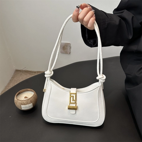 Bolso de Axila de Cuero PU Vintage para Mujer Moda Color Sólido Bolso de Hombro Con Correa de Nudo Hebilla de Metal Geométrica