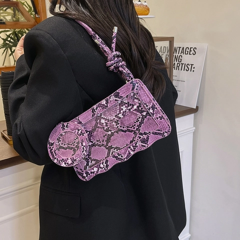 Women Snake Print Shoulder Bag And Round Coin Purse PU Leather Scalloped Edge Knotted Strap Square Crossbody Bag Handbag