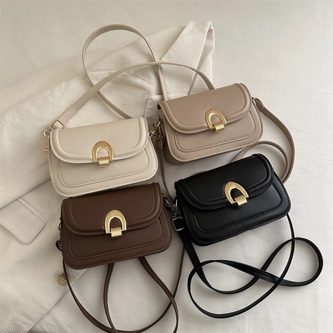 Borsa a Spalla da Donna in Pelle PU Retro Semplice Minimalista Borsa Quadrata Casual con Fibbia a Ferro di Cavallo in Metallo
