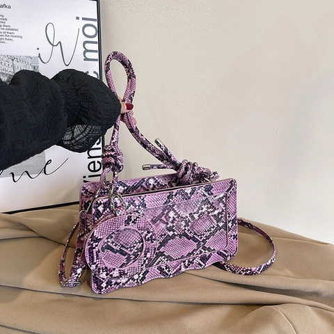 Damen Schlangenmuster Umhängetasche Mode PU Leder Kleine Quadratische Tasche Mit Mini Runde Münzbörse Welliger Rand Handtasche