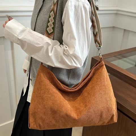 Dames Corduroy Schoudertas Grote Capaciteit Tote Met Etnisch Geometrisch Patroon Band Retro Casual Handtas