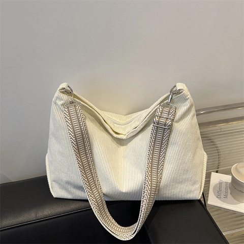 Dames Corduroy Schoudertas Grote Capaciteit Tote Met Etnisch Geometrisch Patroon Band Retro Casual Handtas
