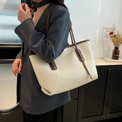 Contrast Color PU Leather Tote Bag Large Capacity Minimalist Shoulder Bag For Women Daily Work Office Travel Handbag