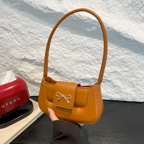 Women PU Leather Underarm Bag With Gold Metal Bow Vintage French Style Minimalist Solid Color Shoulder Handbag