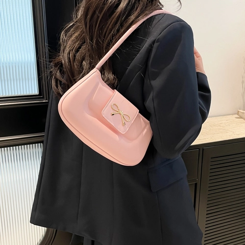 Women PU Leather Underarm Bag With Gold Metal Bow Vintage French Style Minimalist Solid Color Shoulder Handbag