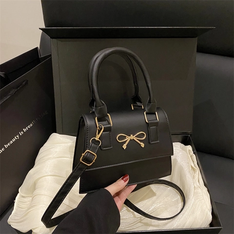 Sac à Bandoulière Femme Style Français avec Nœud en Cuir PU Élégant Petit Sac à Main Rabat Bandoulière Réglable Quotidien