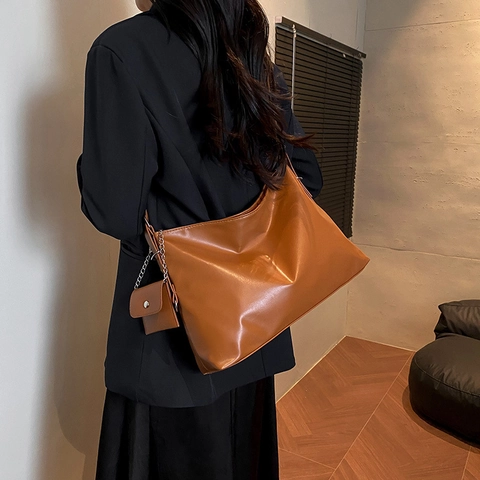 Women Large Capacity Soft PU Leather Shoulder Bag Minimalist Solid Color Hobo Tote Bag With Matching Mini Pouch Handbag