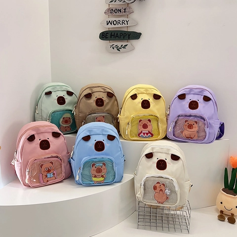 Kids Cartoon Capybara Animal Backpack With Transparent Mesh Pocket Cute 3D Ears Nylon School Bag For Kindergarten Boys Girls