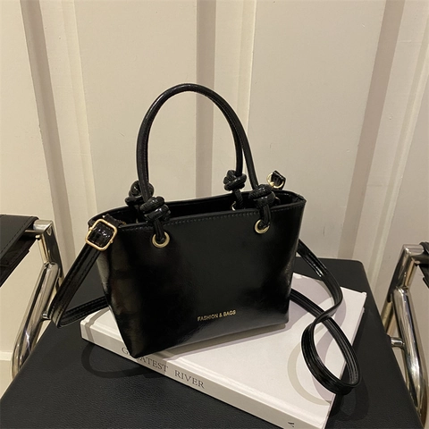 Eimer Tasche PU Leder Große Kapazität Damen Pendeln Retro Knoten Griff Schulter Handtasche Glänzend Einfaches Design