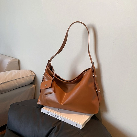 Bolso Tote de Cuero PU de Gran Capacidad para Mujer Color Sólido Retro Bolso de Hombro Con Mini Bolsa Cadena Metálica